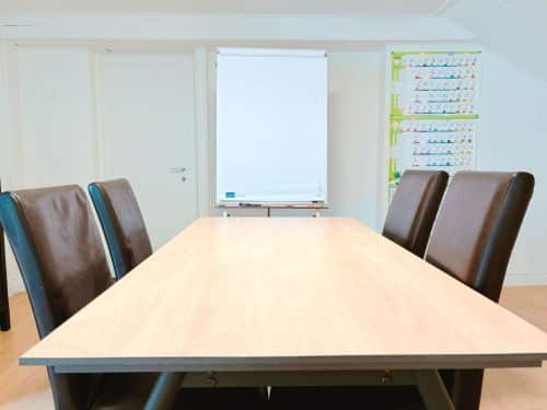 blick über die Kopfseite des Tisches mit vier Stühlen auf das dahinterstehende Flipchart. An der Wand hängt ein weiteres Flipchart mit Text